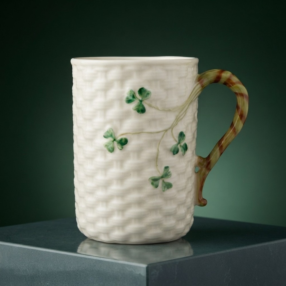Belleek Ireland Porcelain Shamrock Basketweave Coffee Mug White Green Clover